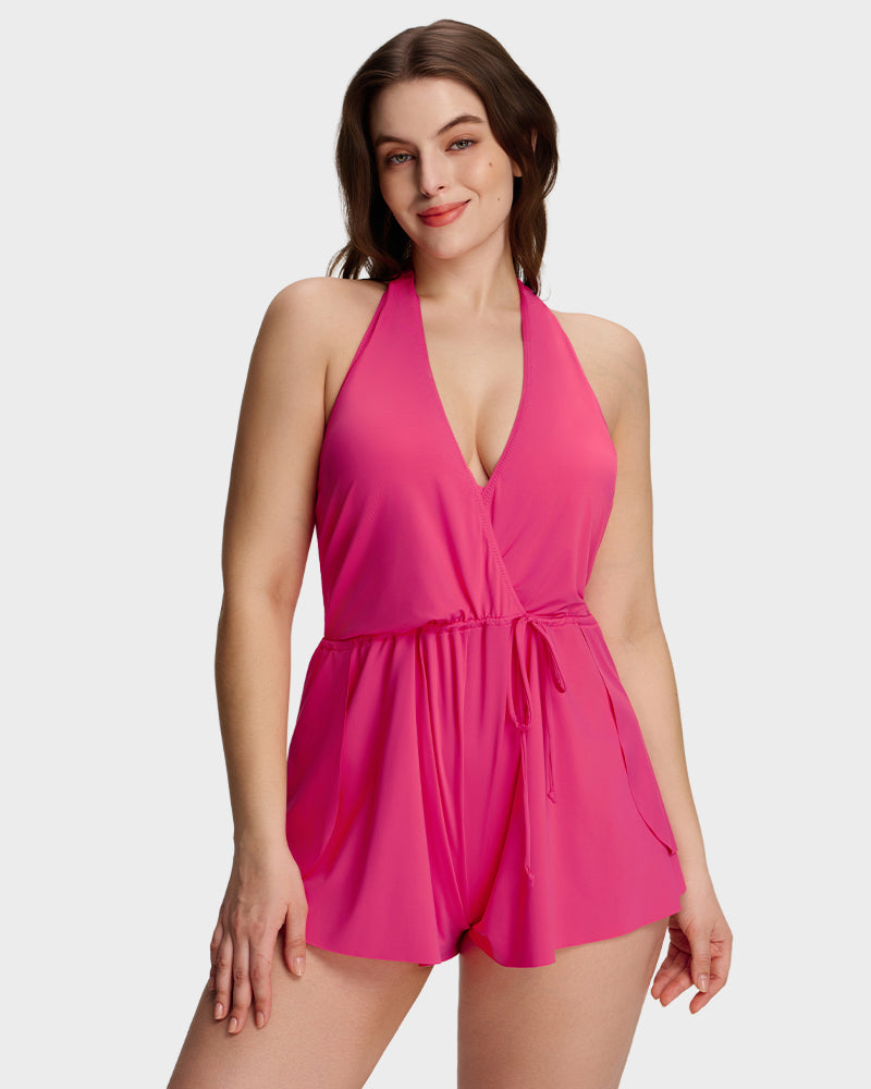 Halter V-Neck Tummy Control Swim Romper-8