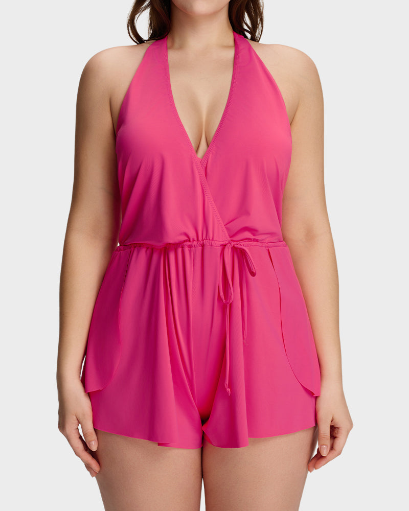 Halter V-Neck Tummy Control Swim Romper-17