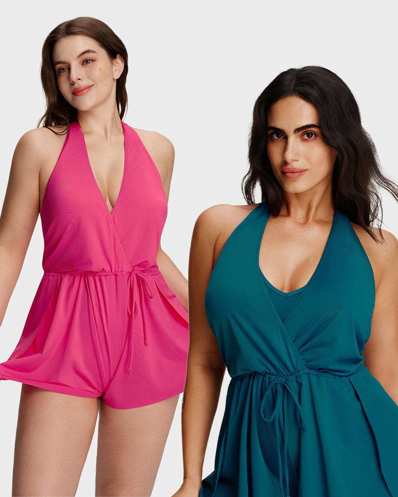 Halter V-Neck Tummy Control Swim Romper-14