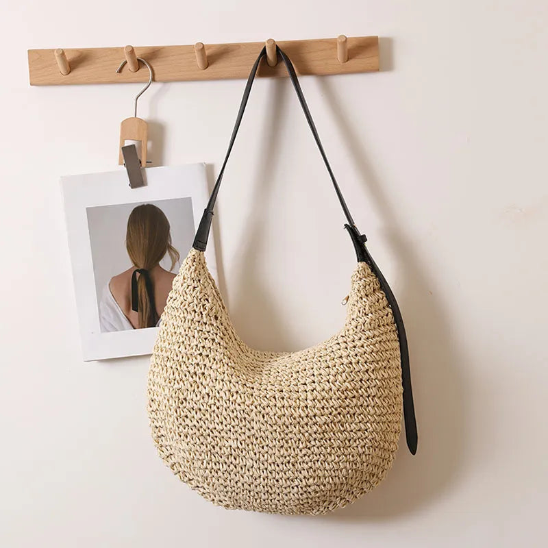 Mandy | Bohemian chic asymmetrical straw shoulder beach bag-2