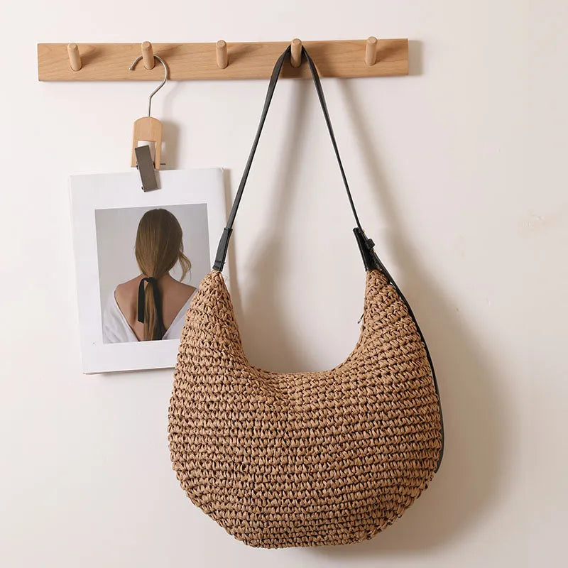 Mandy | Bohemian chic asymmetrical straw shoulder beach bag-1