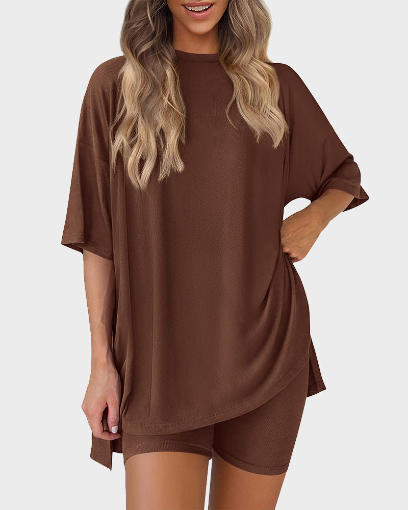 Summer Casual Crewneck Split-Hem Lounge Set with Pockets-24