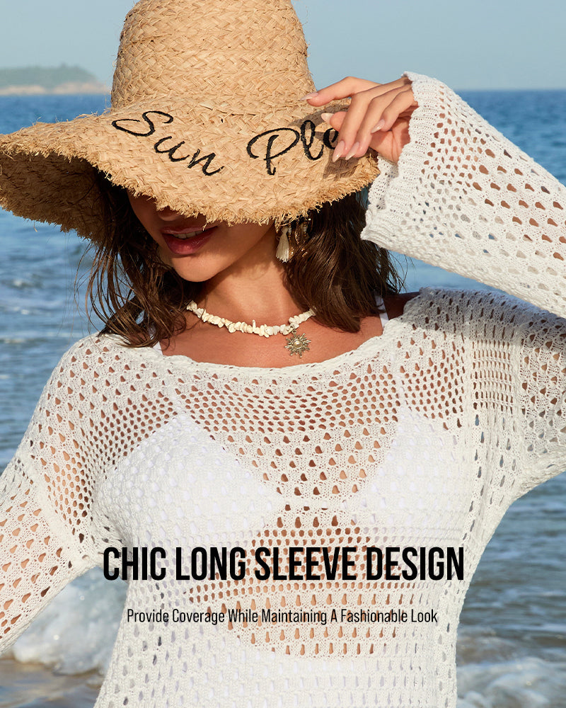 Long Sleeve Crochet Swim Cover Up Beach Dress-5