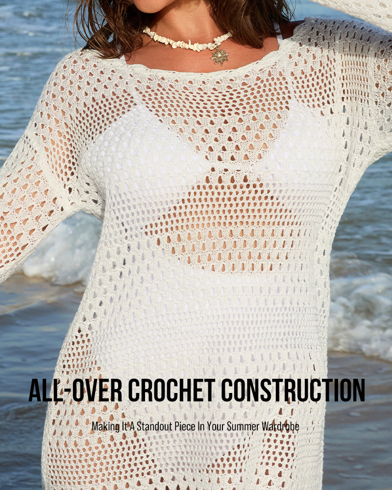Long Sleeve Crochet Swim Cover Up Beach Dress-6