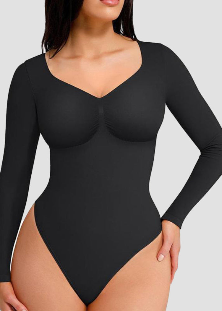 Seamless V-Neck Long Sleeve Shaping Bodysuit-2
