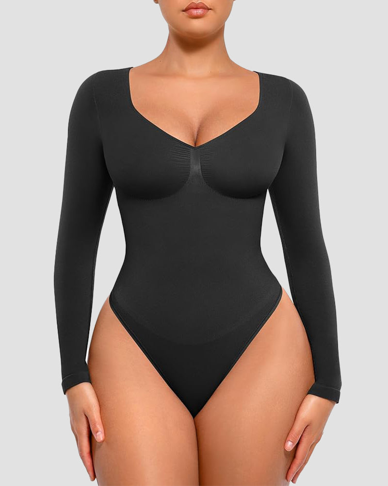 Seamless V-Neck Long Sleeve Shaping Bodysuit-1