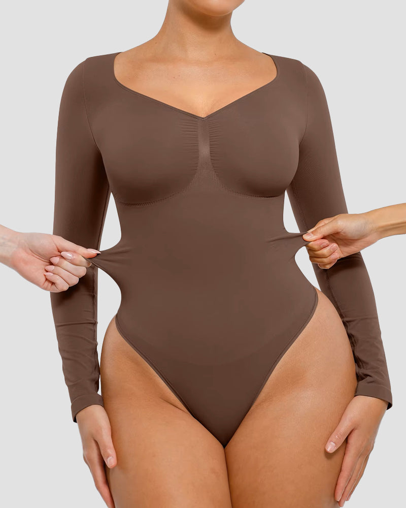 Seamless V-Neck Long Sleeve Shaping Bodysuit-3