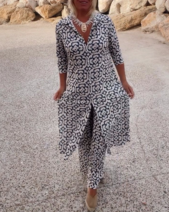 Sara | Bohemian Geometric Print Tunic and Wide-Leg Pants Set-3