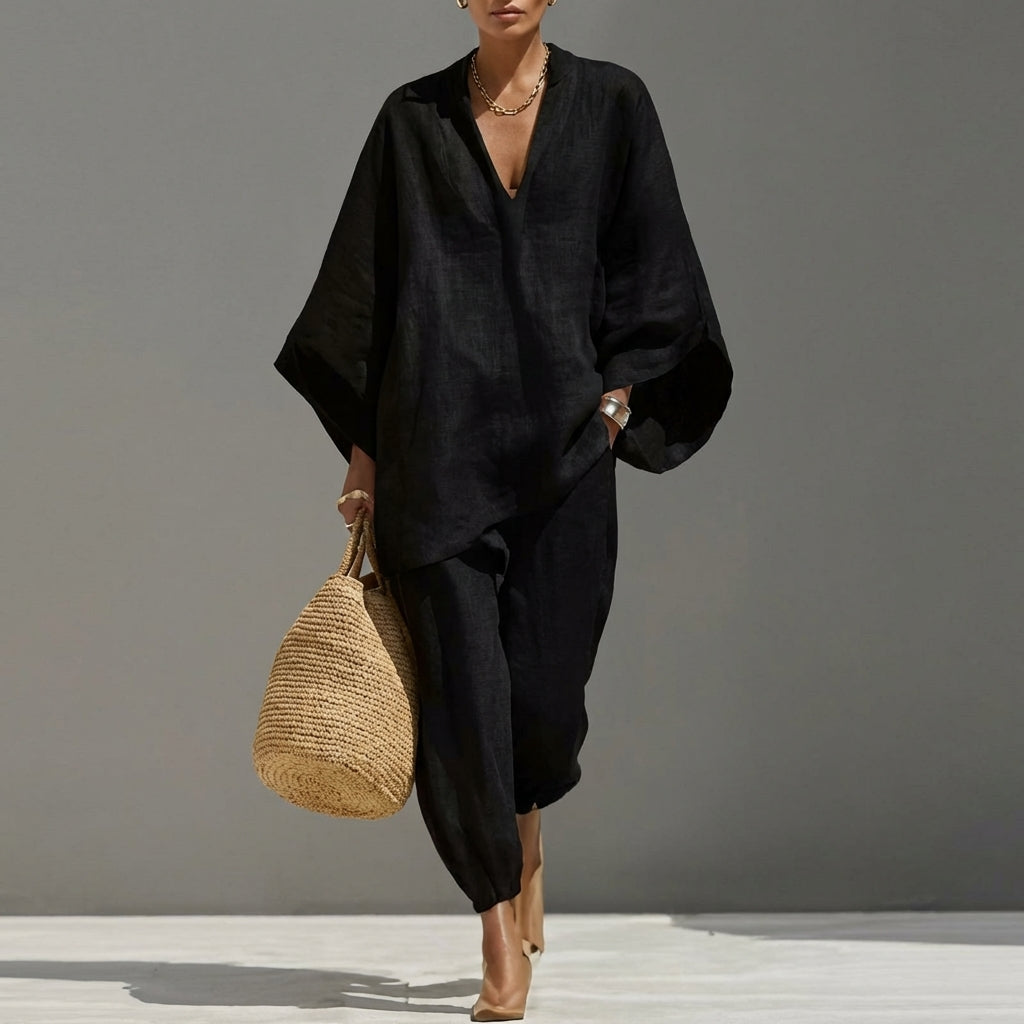 Marina | Relaxed V-Neck Top and Wide-Leg Pants Co-Ord Set-3