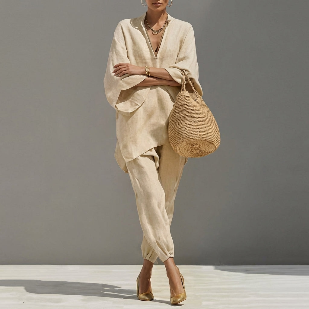 Marina | Relaxed V-Neck Top and Wide-Leg Pants Co-Ord Set-2