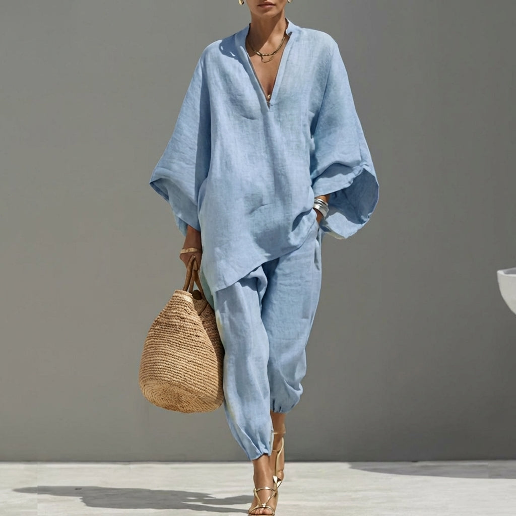 Marina | Relaxed V-Neck Top and Wide-Leg Pants Co-Ord Set-6