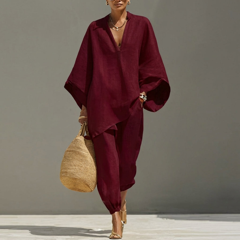 Marina | Relaxed V-Neck Top and Wide-Leg Pants Co-Ord Set-8