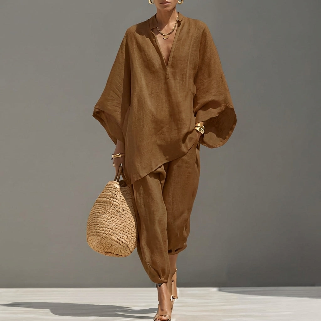 Marina | Relaxed V-Neck Top and Wide-Leg Pants Co-Ord Set-4