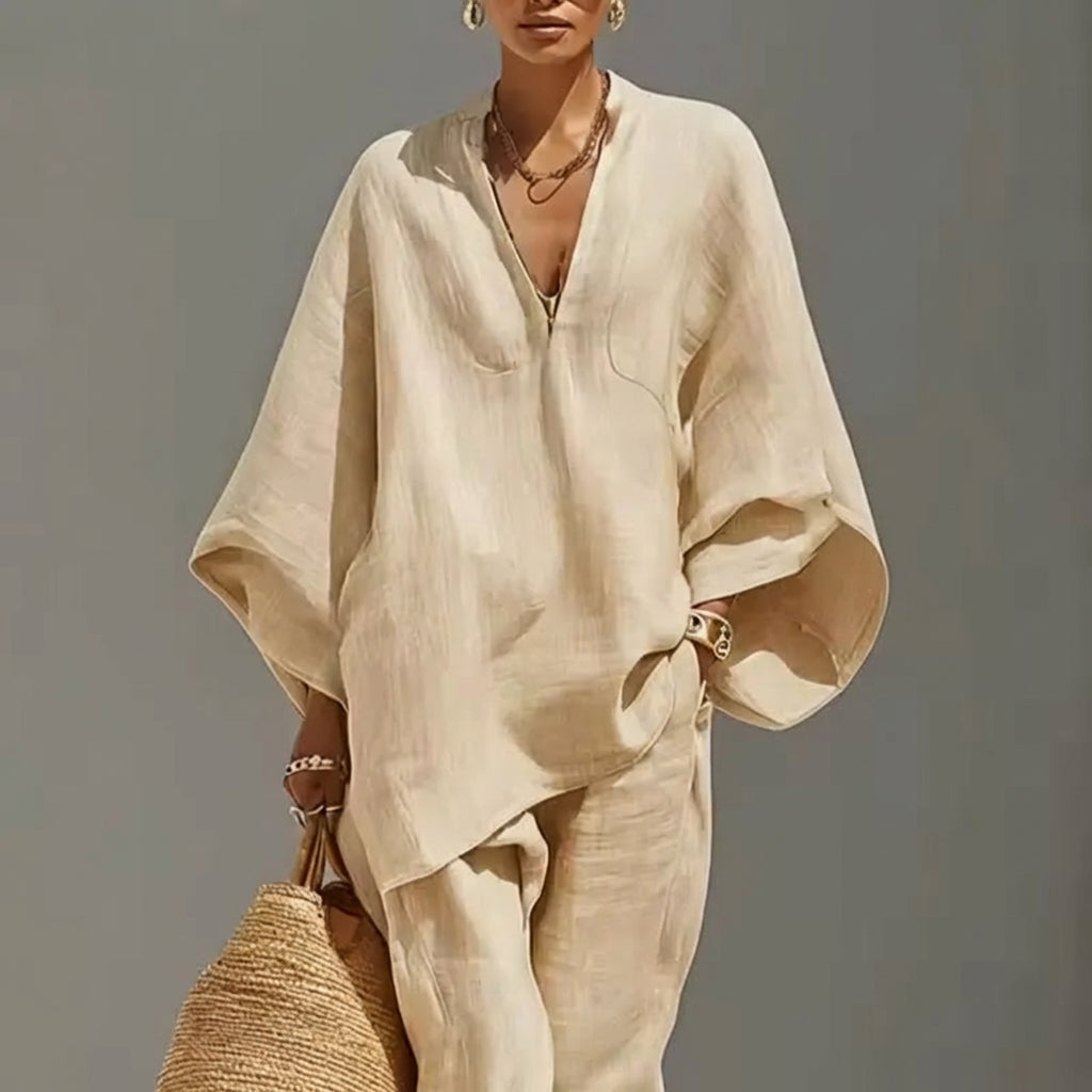 Marina | Relaxed V-Neck Top and Wide-Leg Pants Co-Ord Set-1