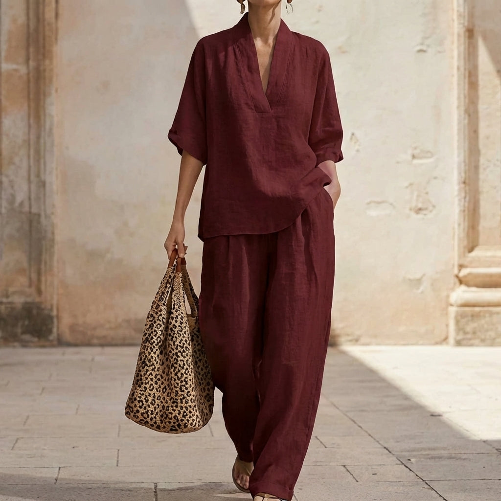 Dolores | Relaxed Henley Top and Wide-Leg Pants Co-Ord Set-2