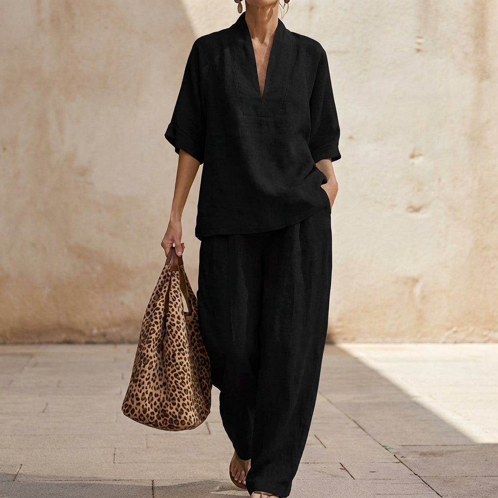Dolores | Relaxed Henley Top and Wide-Leg Pants Co-Ord Set-3