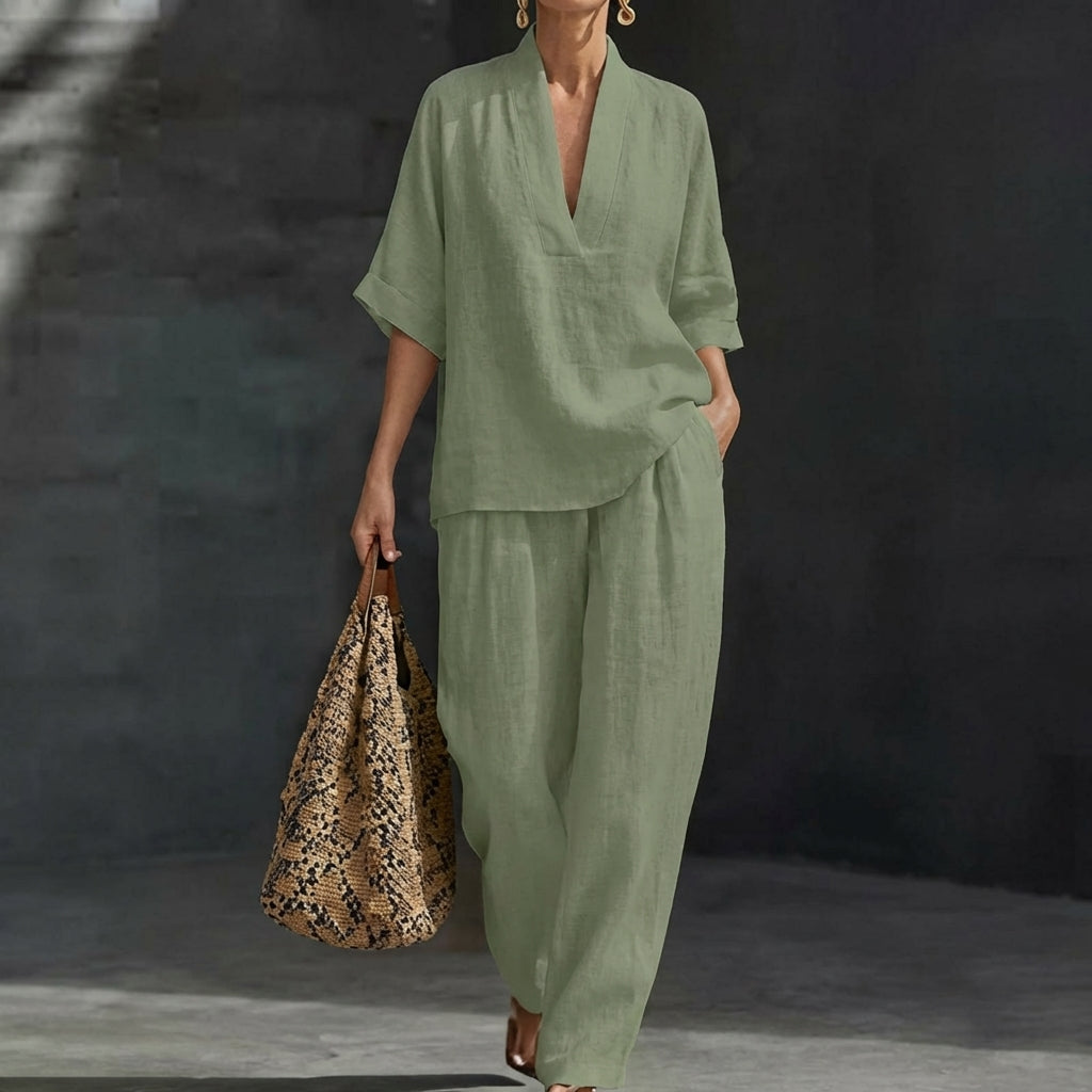 Dolores | Relaxed Henley Top and Wide-Leg Pants Co-Ord Set-7