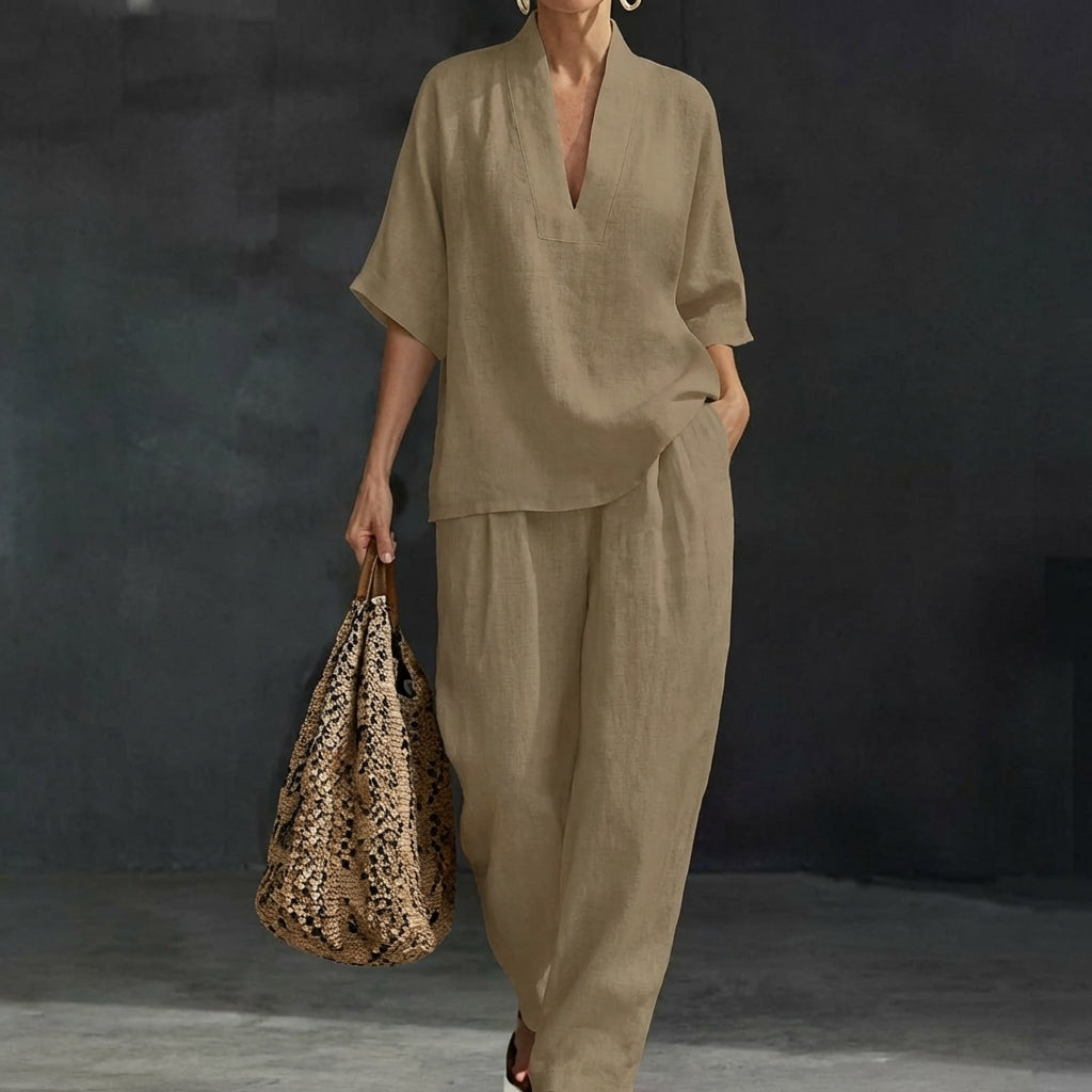 Dolores | Relaxed Henley Top and Wide-Leg Pants Co-Ord Set-6