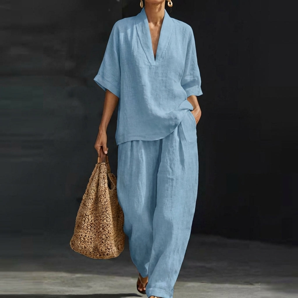 Dolores | Relaxed Henley Top and Wide-Leg Pants Co-Ord Set-1