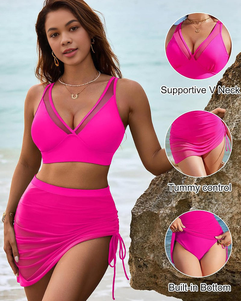 Mesh High Waisted Tummy Control Sarong Wraps Bikini Set-20