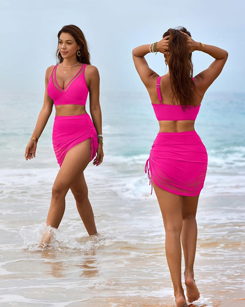 Mesh High Waisted Tummy Control Sarong Wraps Bikini Set-19