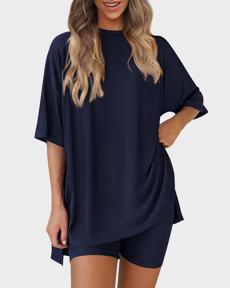 Summer Casual Crewneck Split-Hem Lounge Set with Pockets-25
