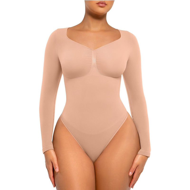 Seamless V-Neck Long Sleeve Shaping Bodysuit-5