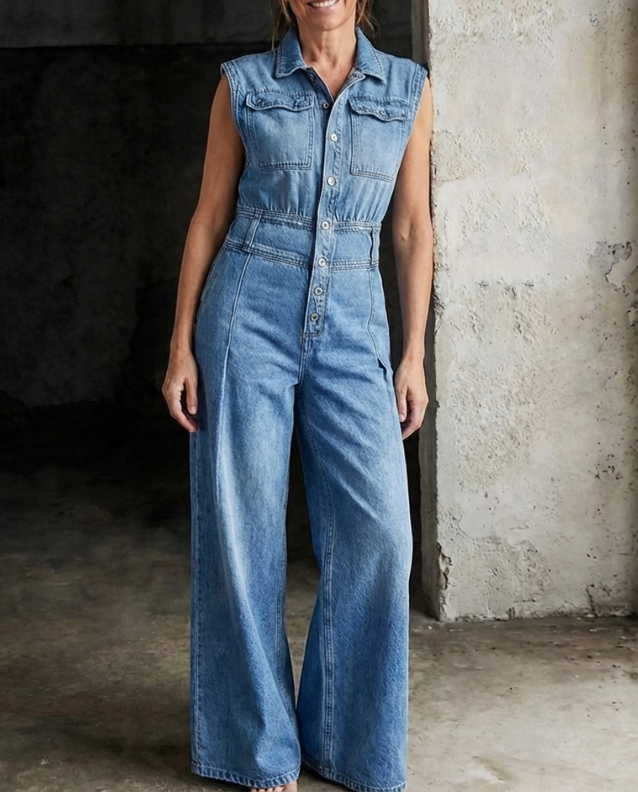 Stella | Cinched Waist Wide Leg Denim Jumpsuit-1