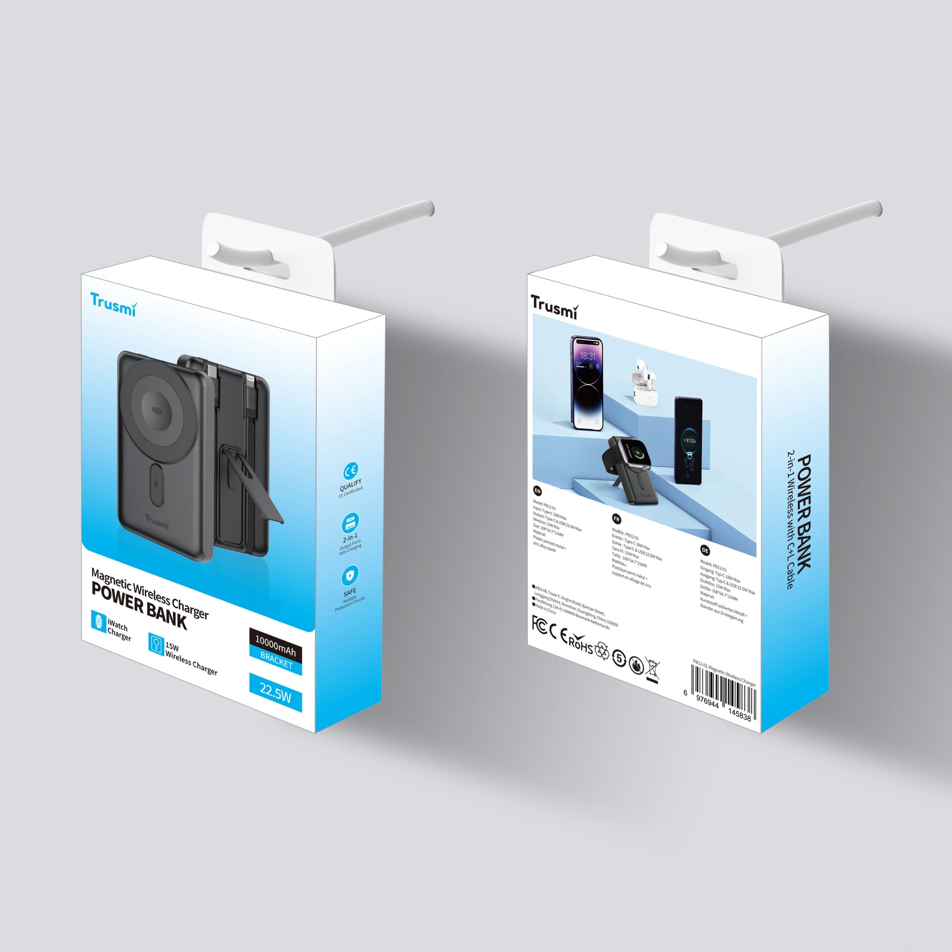 TRUSMI 10000mAh Magnetic Wireless Power Bank with C+L Cable & Kickstand 15W-11