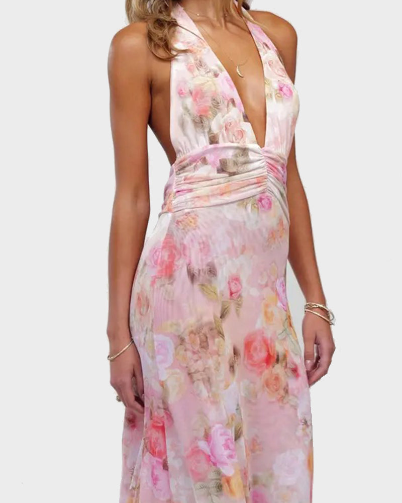 Women Long Dress, Sleeveless Halter Dress Backless Flower/Dots Print Summer Cocktail Dress-2