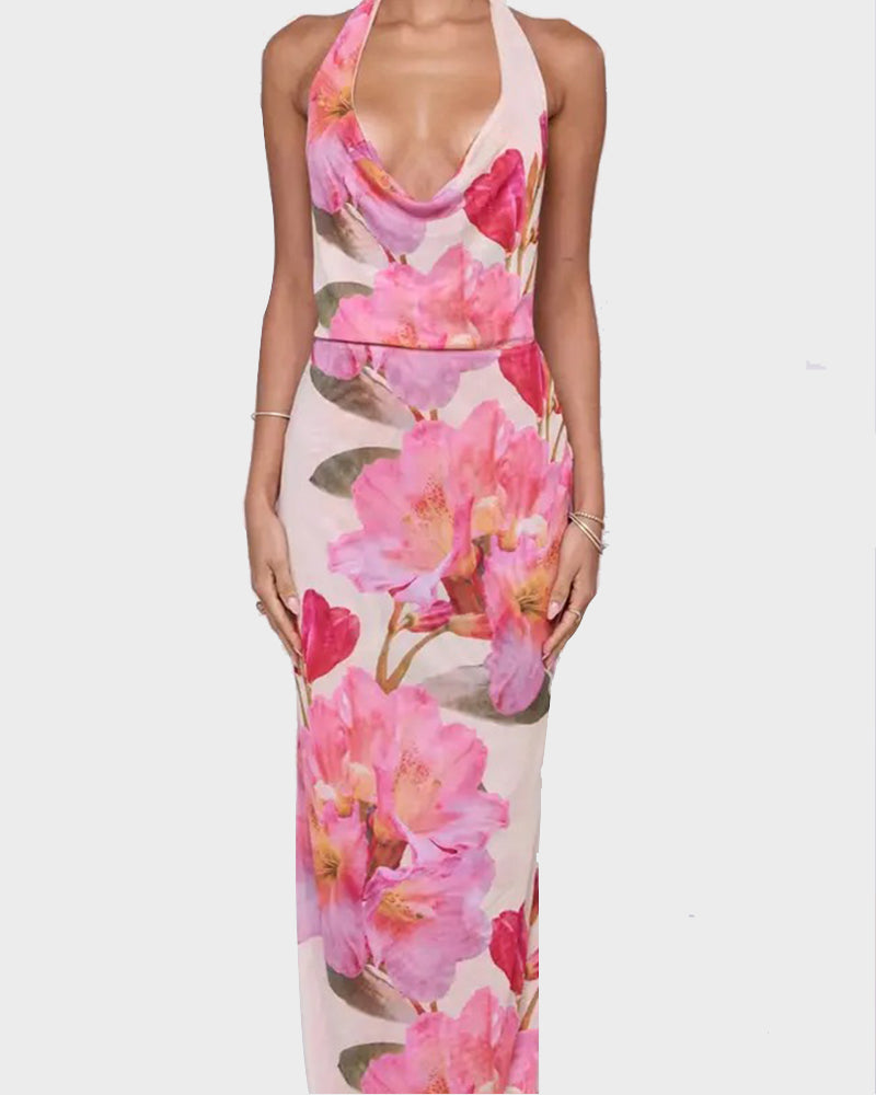 Women Long Dress, Sleeveless Halter Dress Backless Flower/Dots Print Summer Cocktail Dress-21