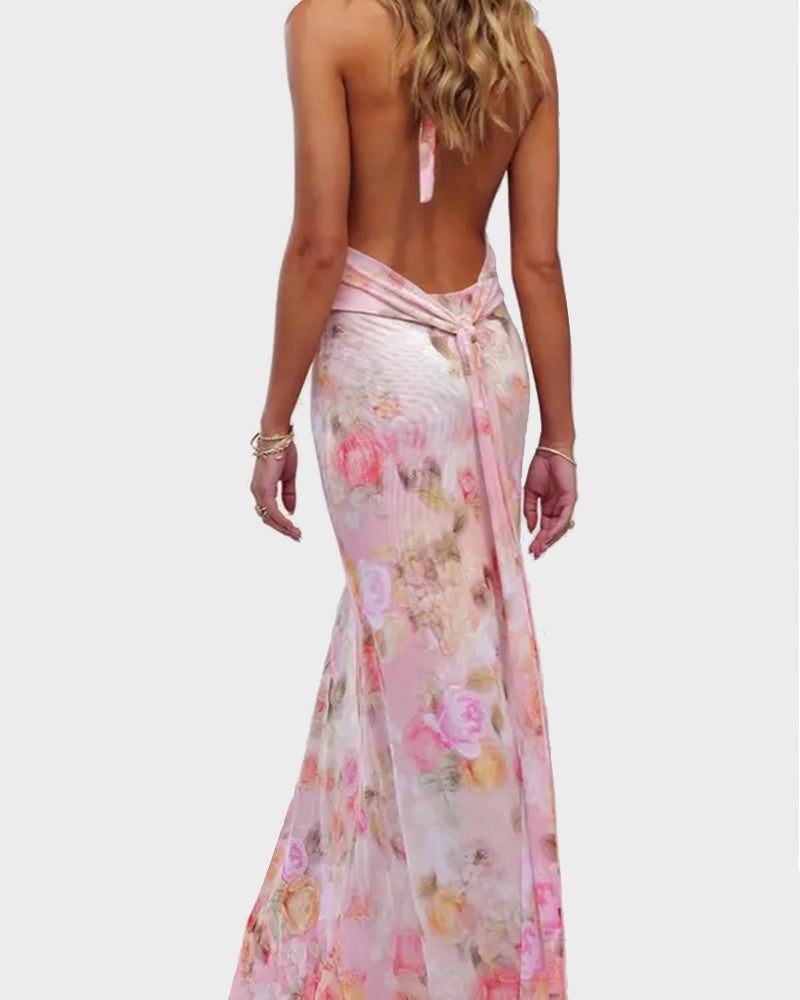Women Long Dress, Sleeveless Halter Dress Backless Flower/Dots Print Summer Cocktail Dress-3