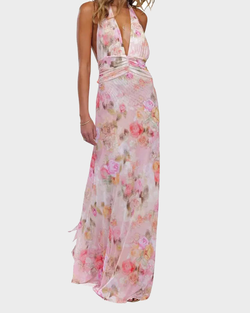Women Long Dress, Sleeveless Halter Dress Backless Flower/Dots Print Summer Cocktail Dress-1