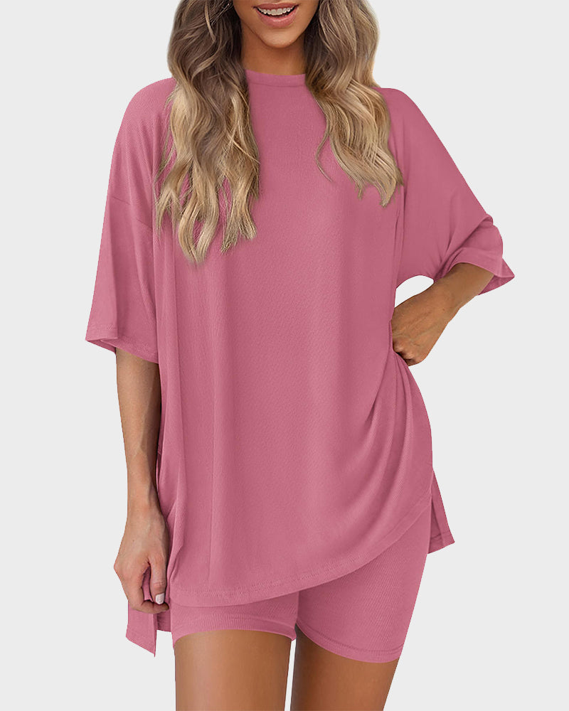 Summer Casual Crewneck Split-Hem Lounge Set with Pockets-12