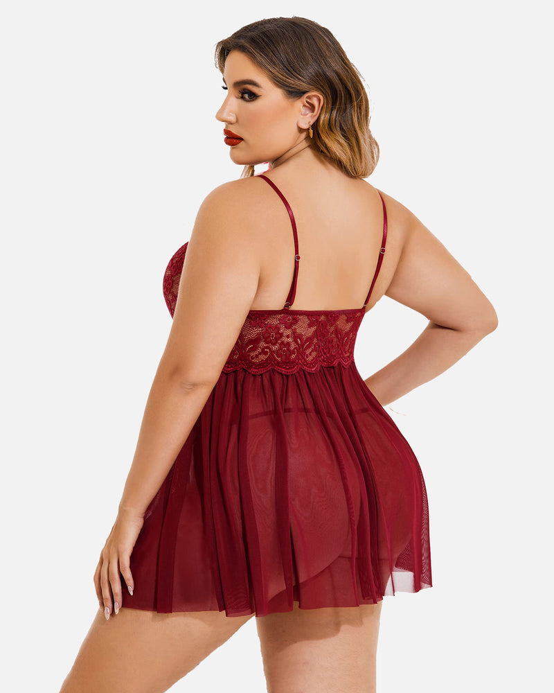Plus Size V Neck Mesh Side Slit Babydolls-10