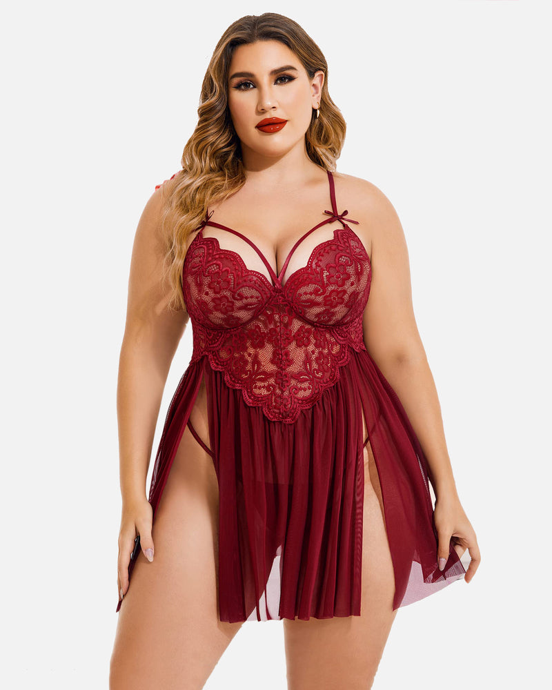 Plus Size V Neck Mesh Side Slit Babydolls-8