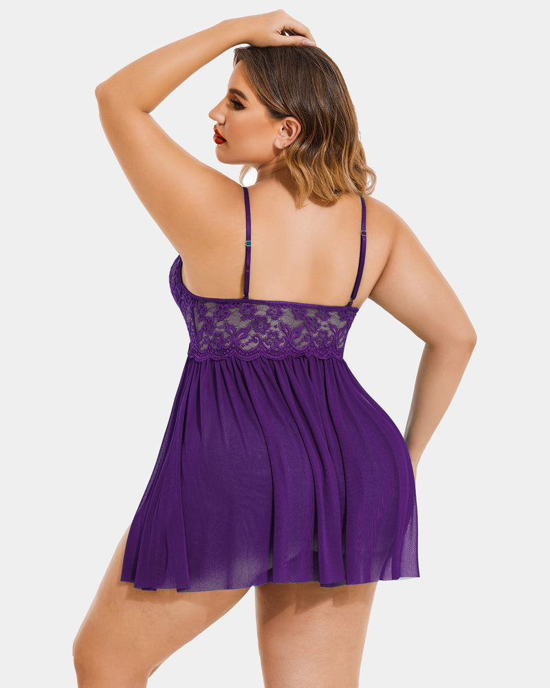 Plus Size V Neck Mesh Side Slit Babydolls-11