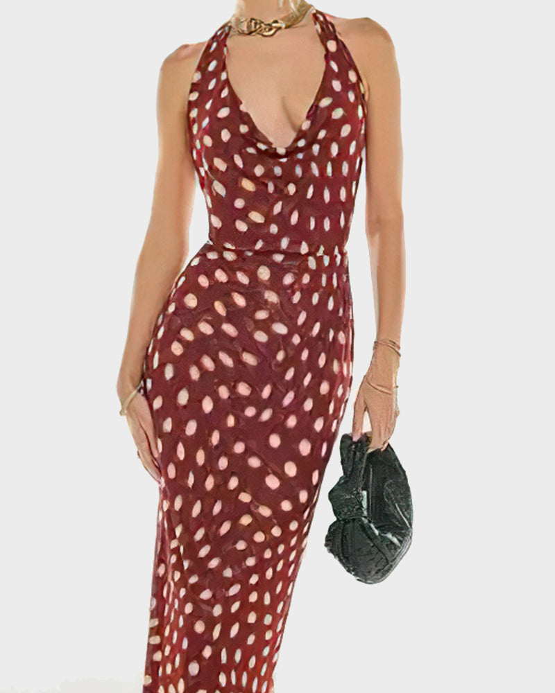 Women Long Dress, Sleeveless Halter Dress Backless Flower/Dots Print Summer Cocktail Dress-17
