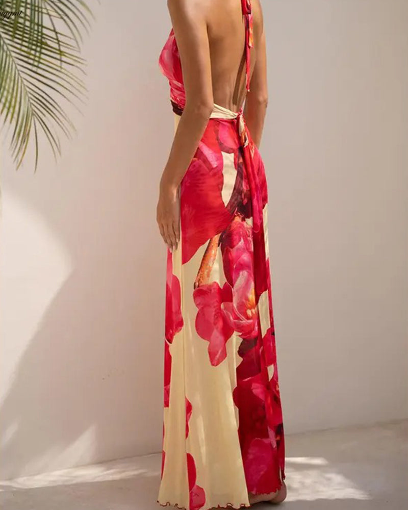 Women Long Dress, Sleeveless Halter Dress Backless Flower/Dots Print Summer Cocktail Dress-5
