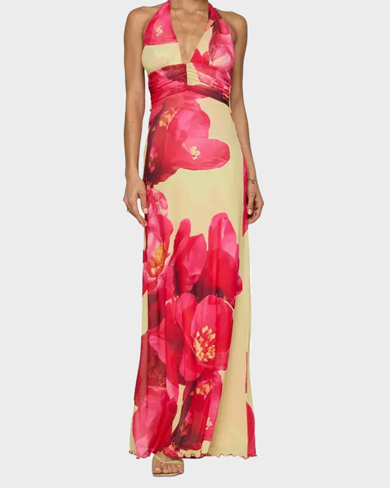Women Long Dress, Sleeveless Halter Dress Backless Flower/Dots Print Summer Cocktail Dress-6