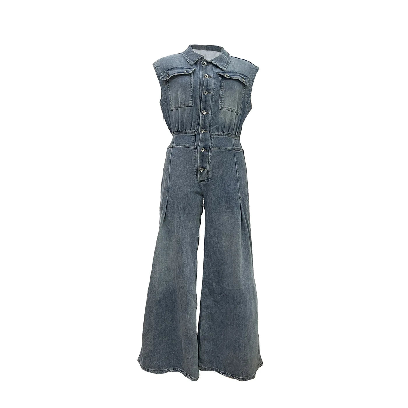 Stella | Cinched Waist Wide Leg Denim Jumpsuit-3