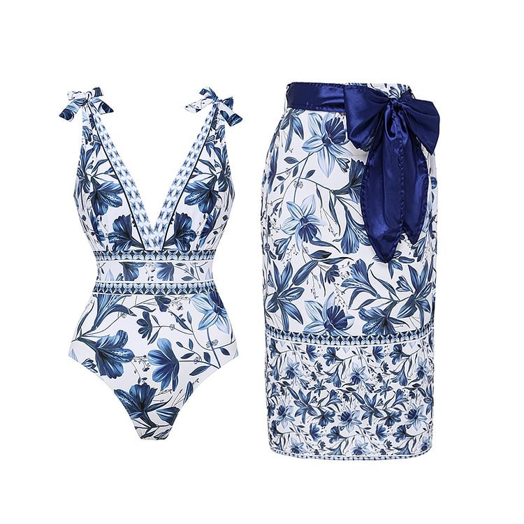 V Neck Lace Up Strip Plant Prints One Piece Swimsuit and Skirt/Sarong-24
