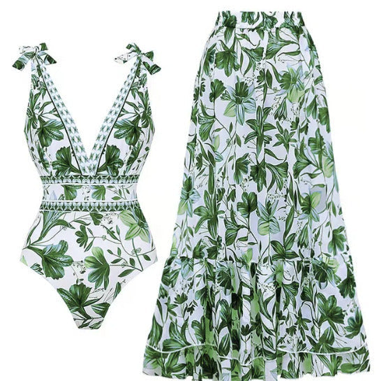V Neck Lace Up Strip Plant Prints One Piece Swimsuit and Skirt/Sarong-5