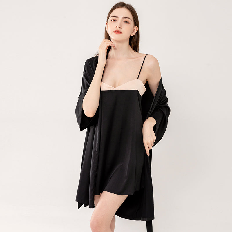 Sexy Luxury Satin Sleepwear Set, Champagne & Black Contrast, Elegant Loungewear