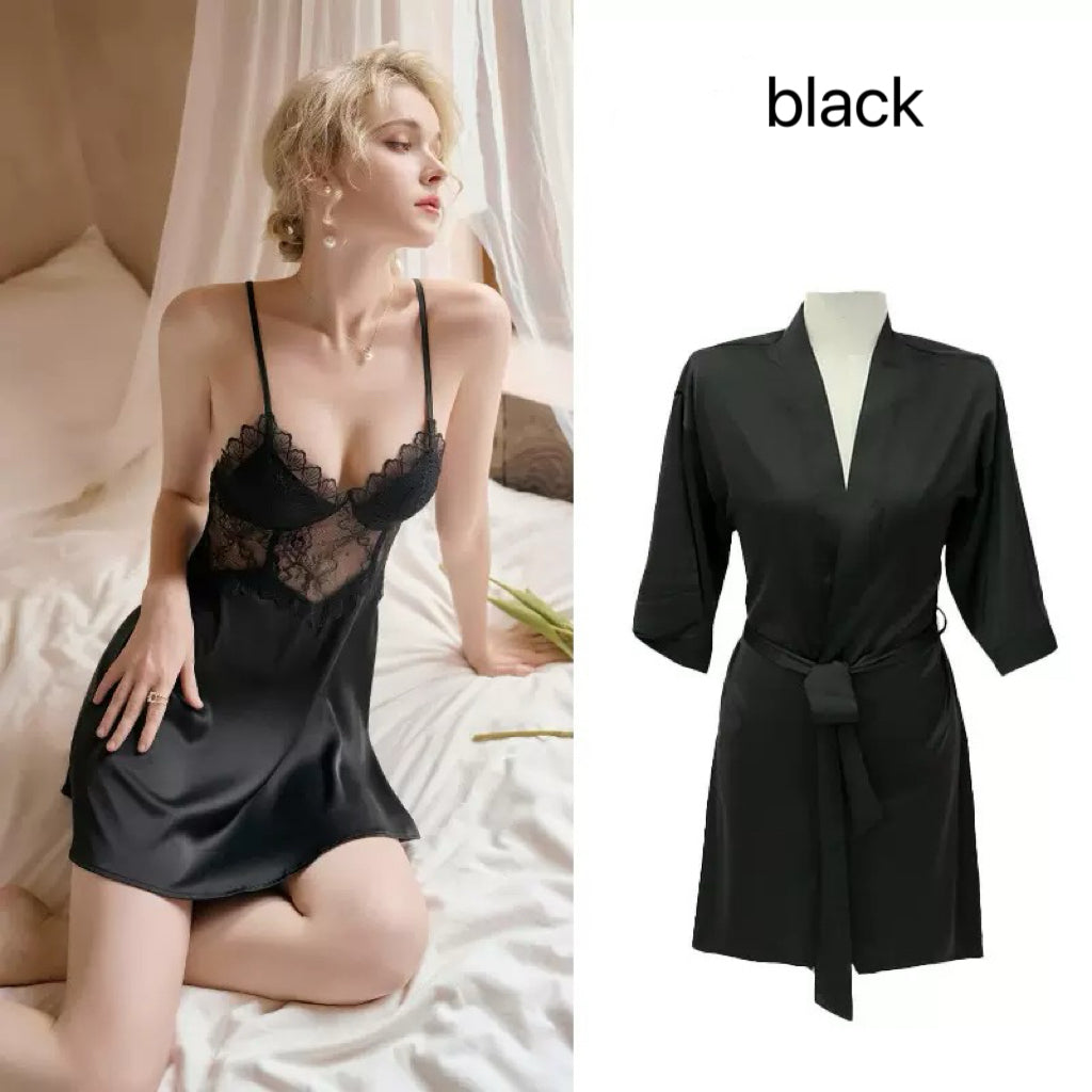 Luxury French Lace Satin Nightgown Set, Sexy Open Back Cami Sleepwear with Robe-1
