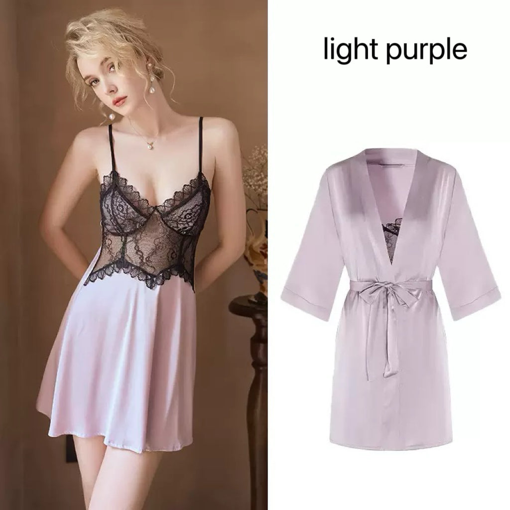 Luxury French Lace Satin Nightgown Set, Sexy Open Back Cami Sleepwear with Robe-3