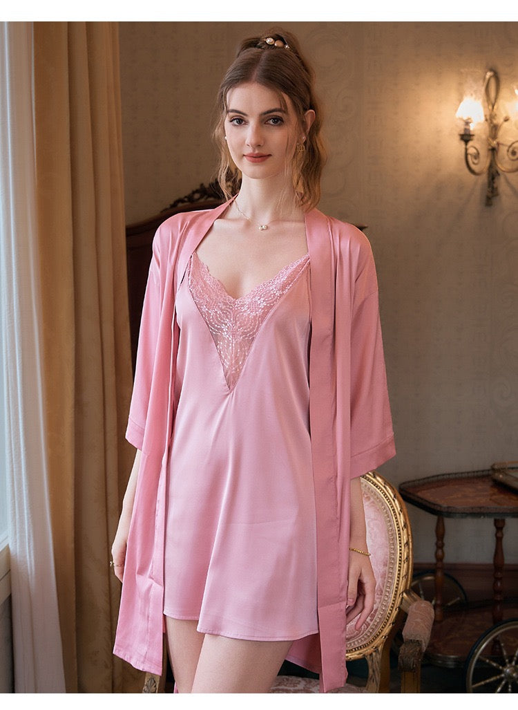 Women Satin Lace Nightgown Robe Set 2 Piece Deep V Neck Sleepwear Adjustable Straps Removable Pads Elegant Soft Loungewear-3