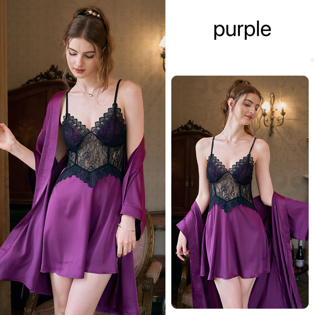Luxury French Lace Satin Nightgown Set, Sexy Open Back Cami Sleepwear with Robe-4