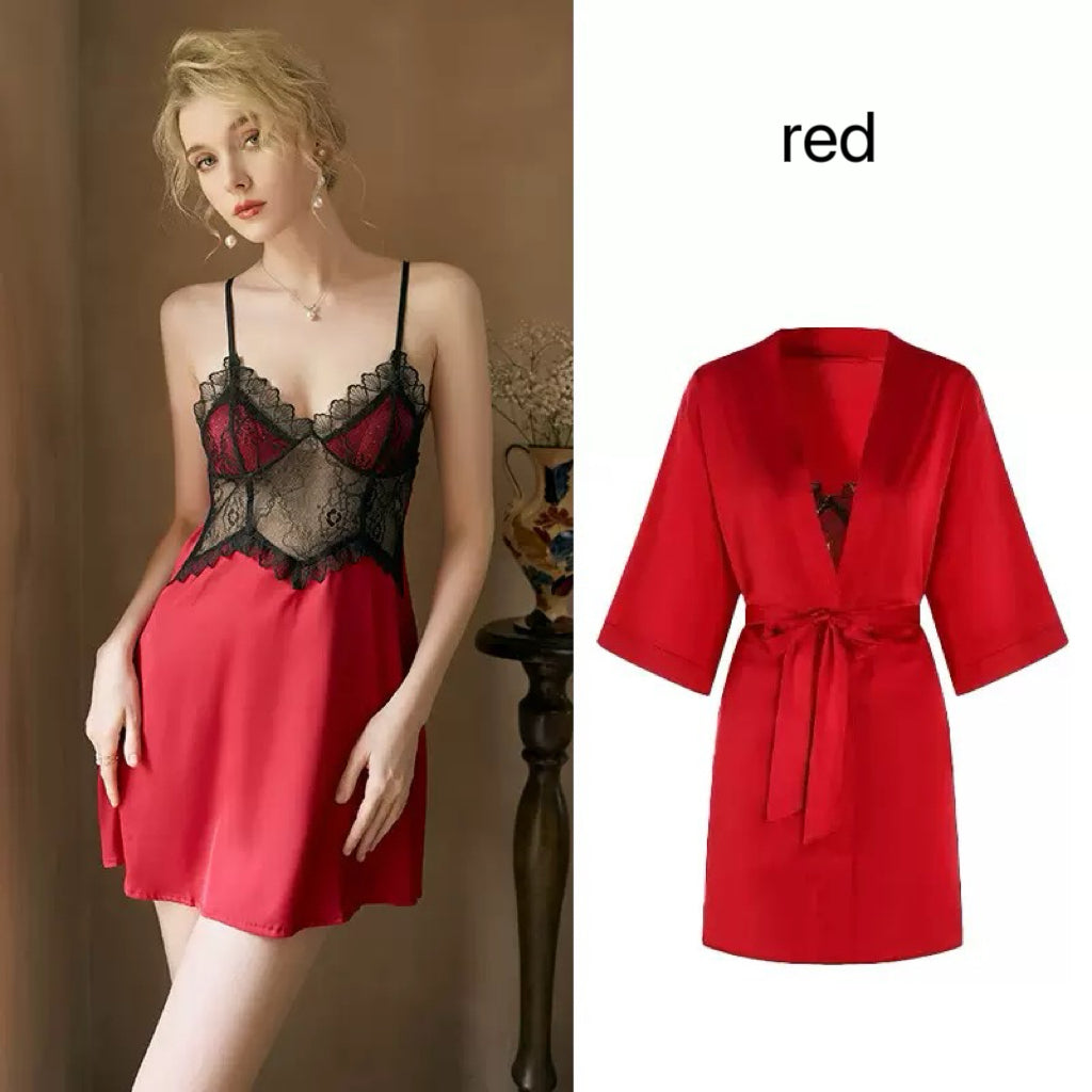Luxury French Lace Satin Nightgown Set, Sexy Open Back Cami Sleepwear with Robe