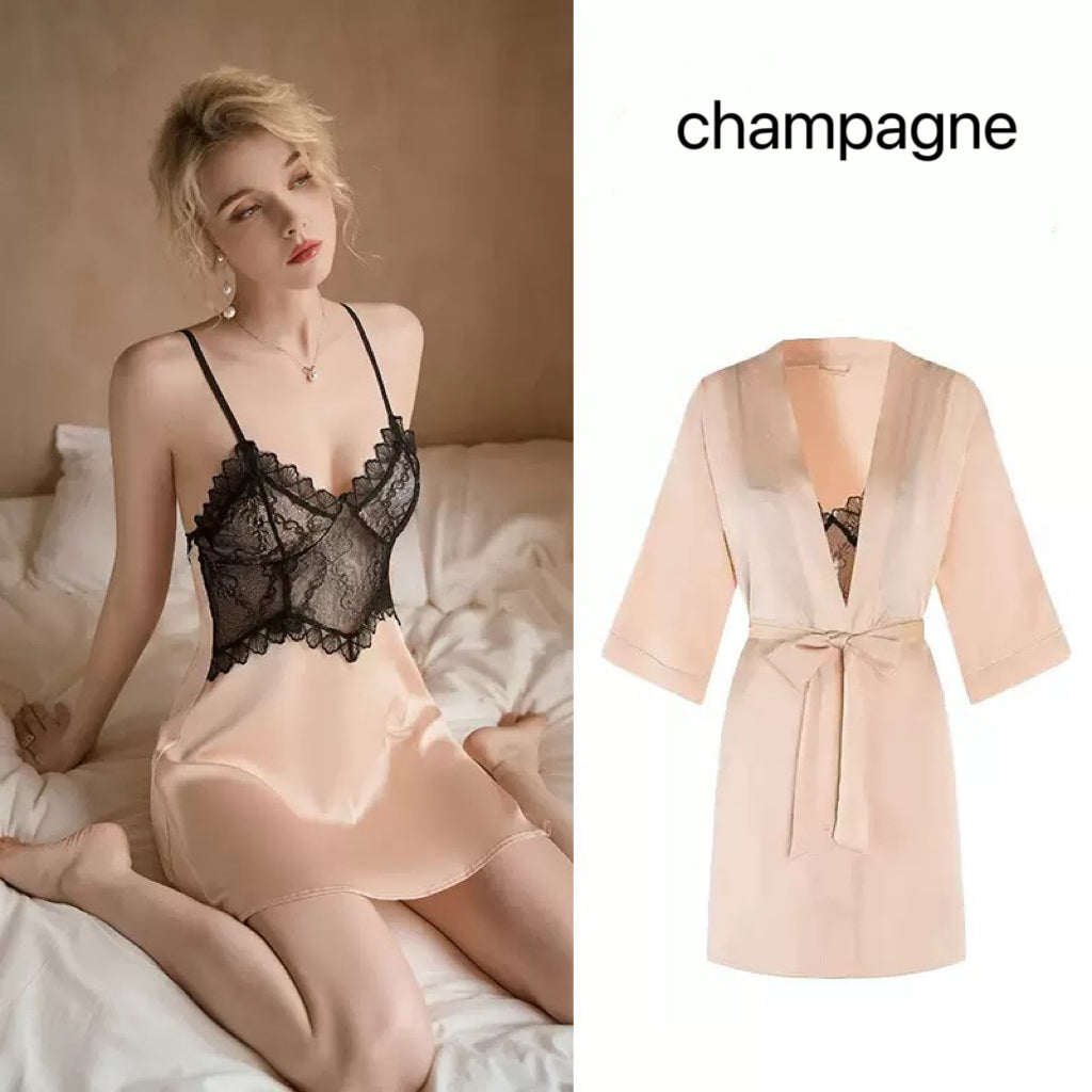 Luxury French Lace Satin Nightgown Set, Sexy Open Back Cami Sleepwear with Robe-5